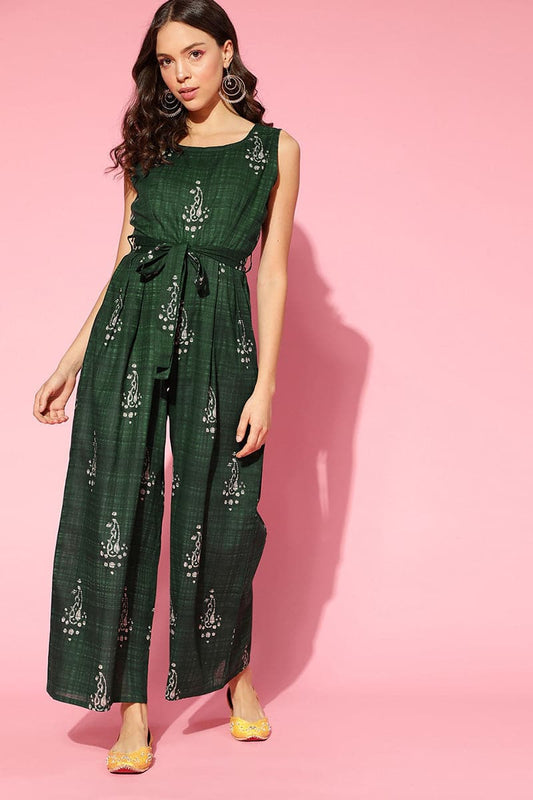 Green Cotton Sleeveless Ethnic Motifs Jumpsuit VJMP1024