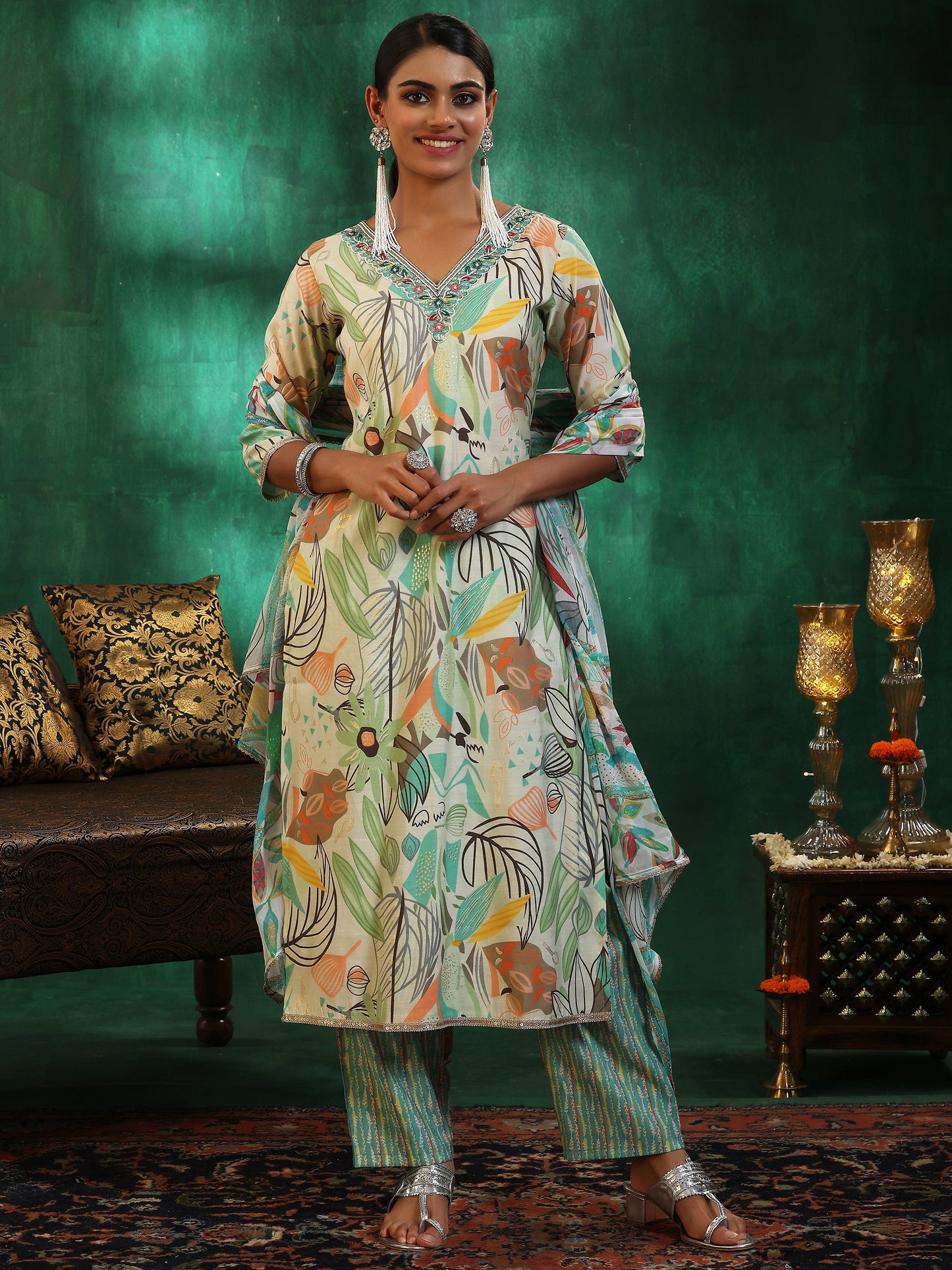 Off White Printed Silk Blend Straight Suit With Dupatta