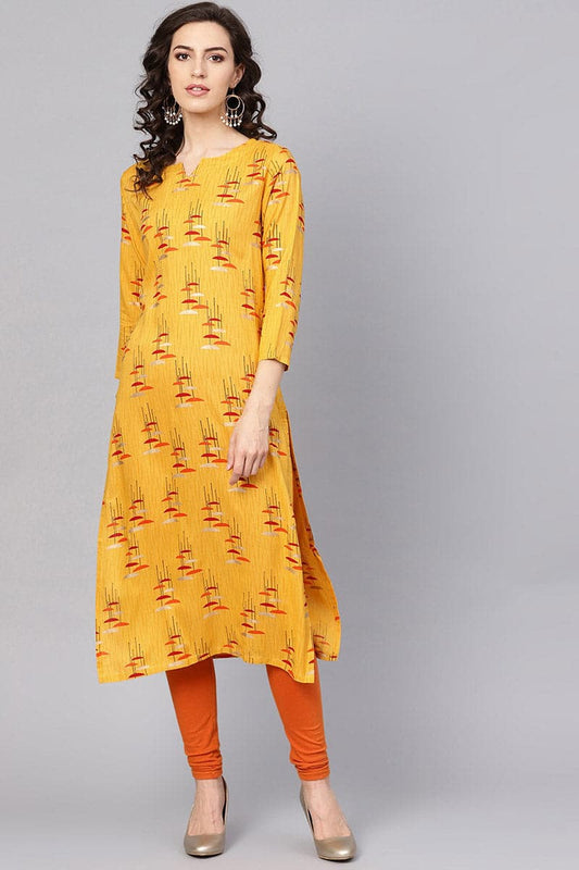 Beautiful Printed Mustard Color Cotton Fabric Kurti VCK1103