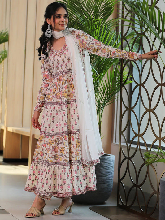 Off white Printed Cotton A-Line Kurta With Palazzos & Dupatta