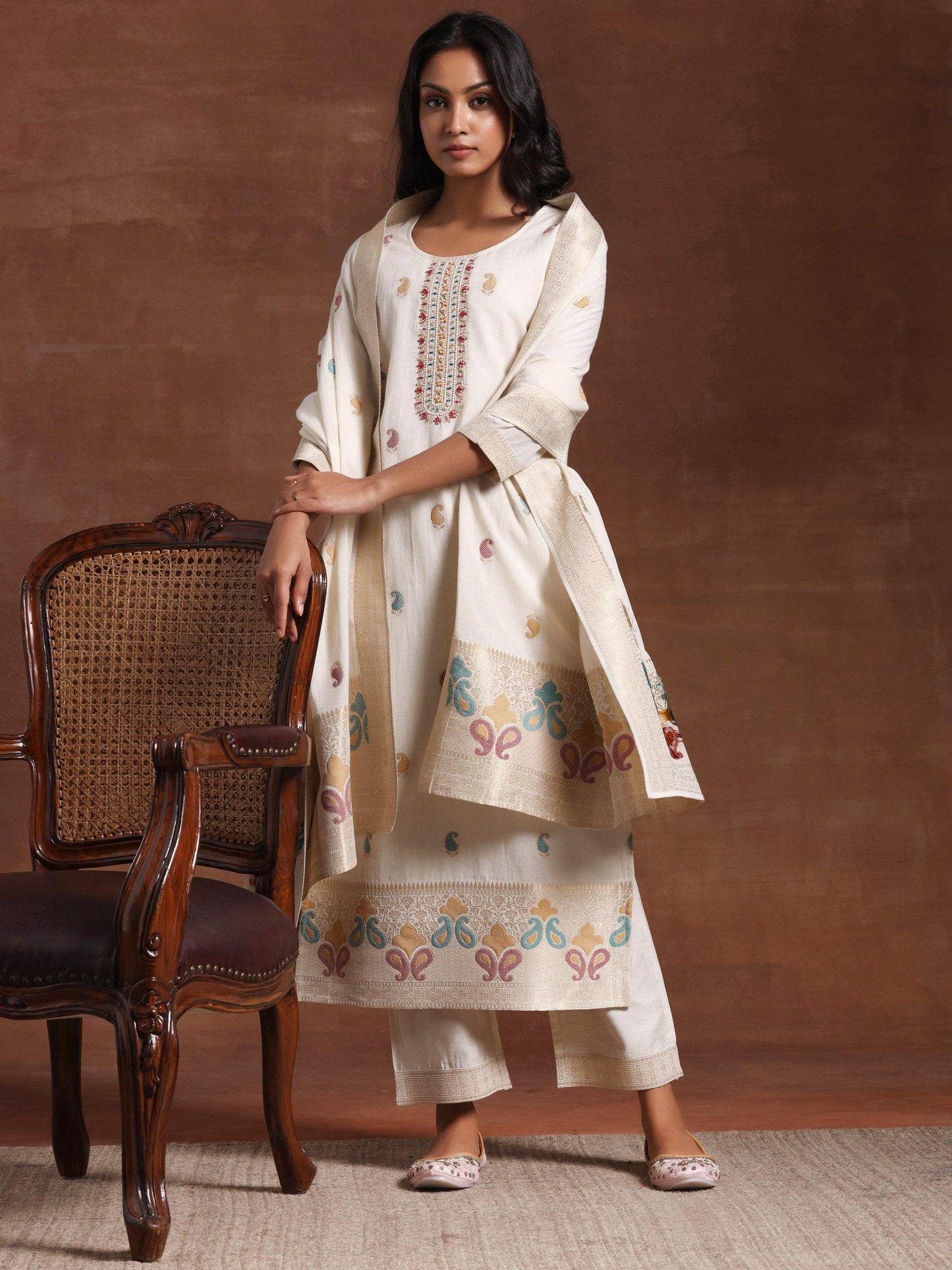 Off White Woven Design Cotton Straight Suit With Dupatta