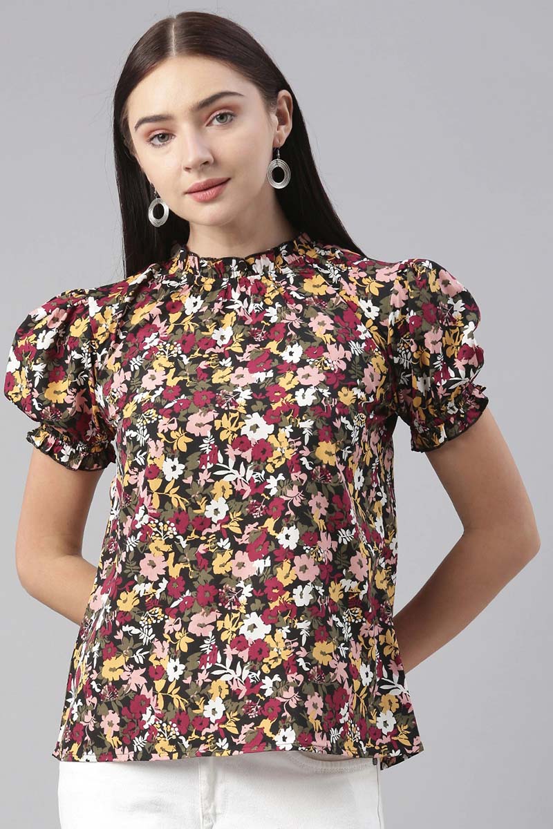 Black Polyester Floral Printed Regular Top VT1003