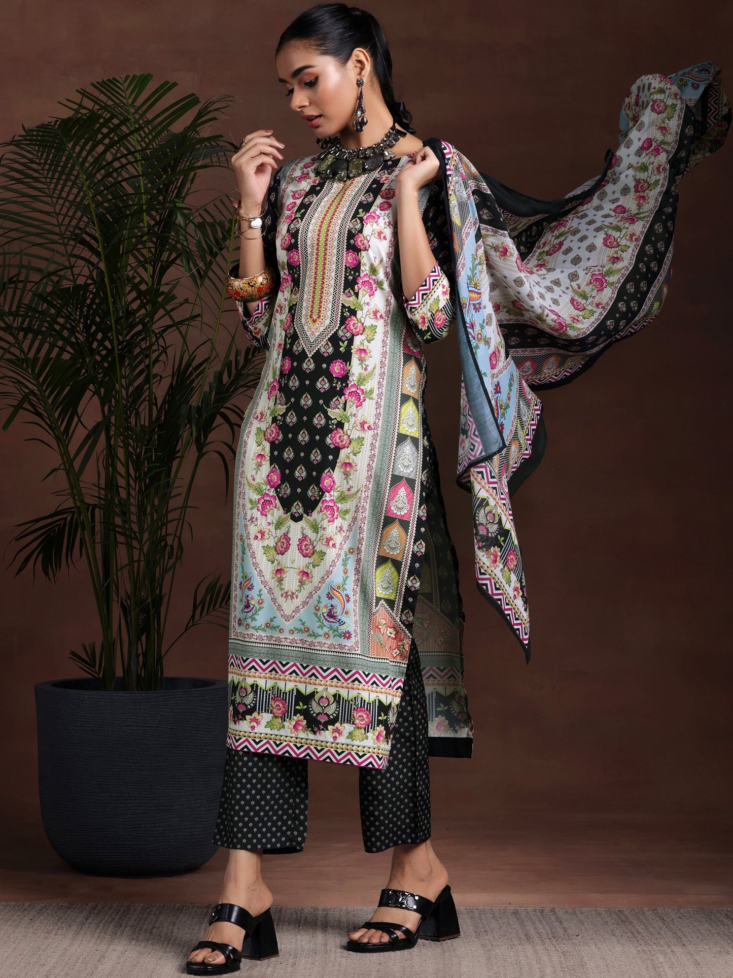 Black Printed Poly Crepe Straight Suit With Dupatta