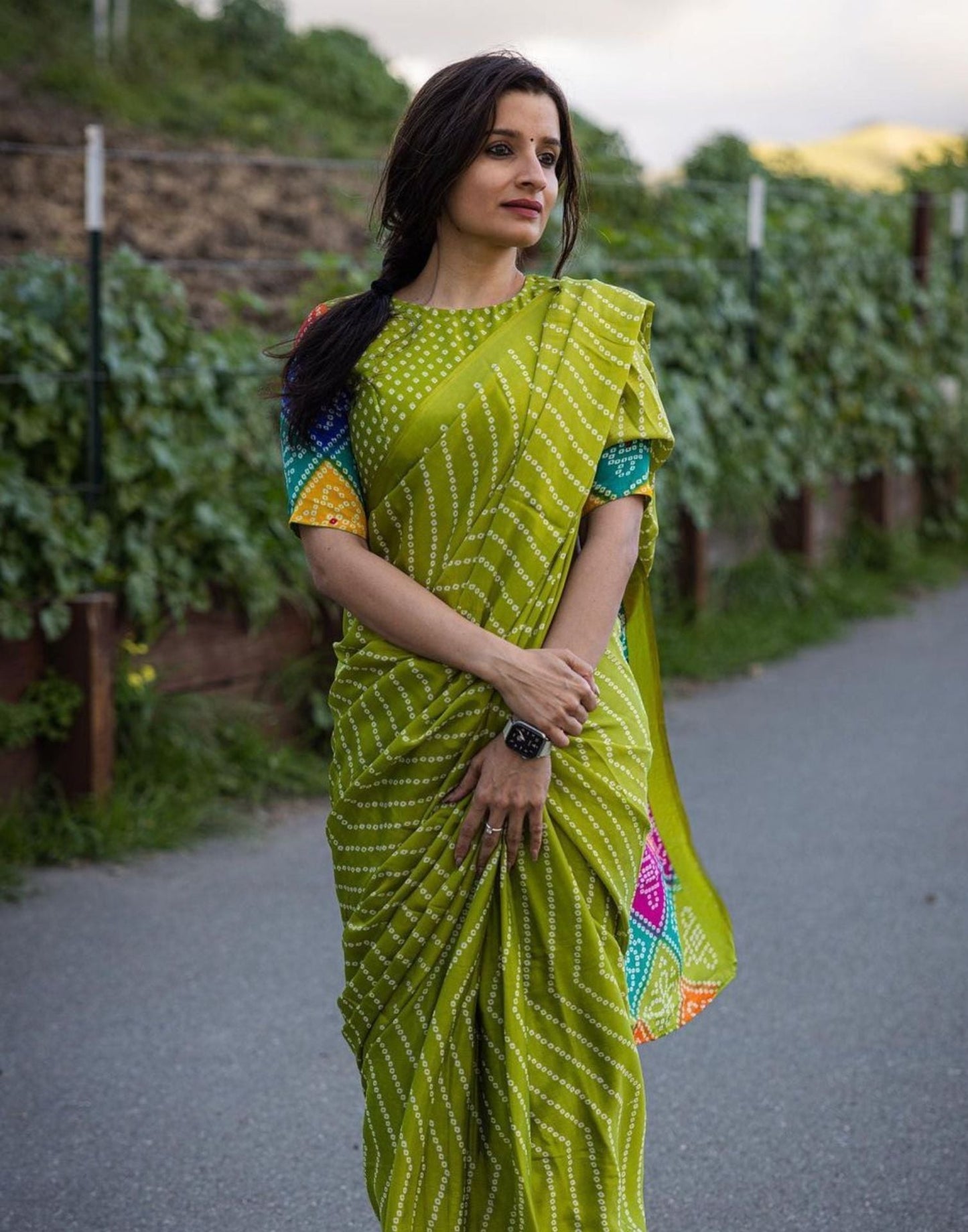 Parrot Green Bandhani Silk Saree