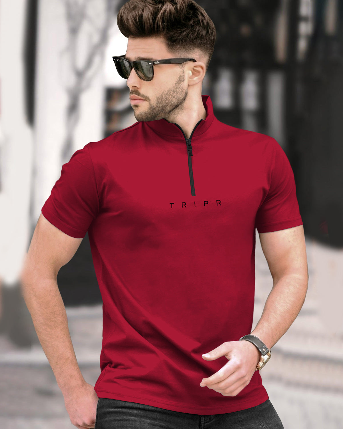 (4 COLORS) Men High Neck Zipper Half Sleeve T-shirt