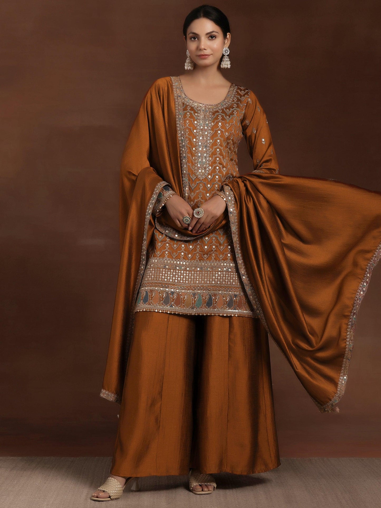 Adaa Rust Embroidered Silk Blend Straight Kurta With Palazzos & Dupatta