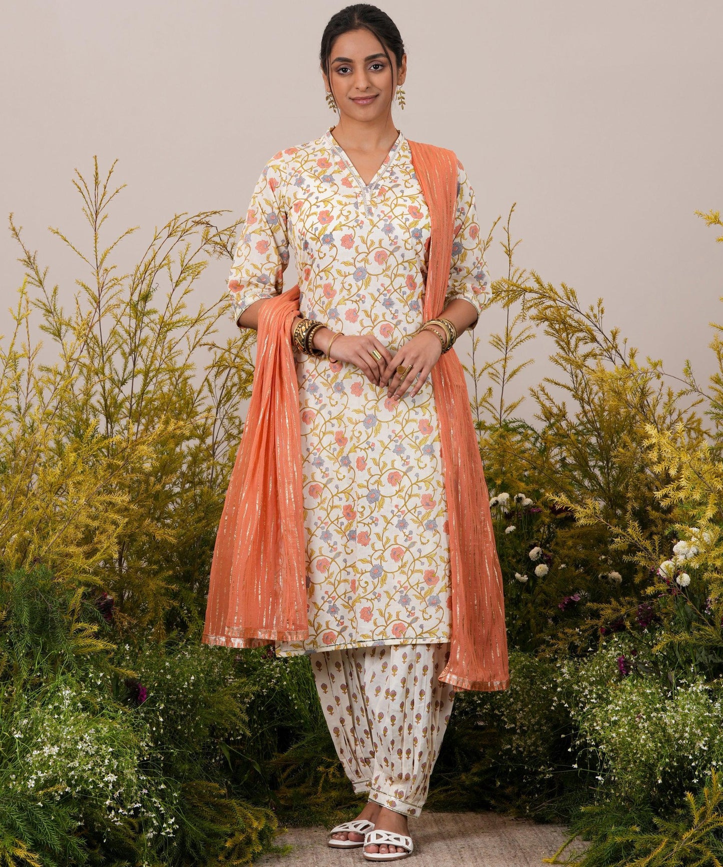 Off White Printed Cotton Straight Suit With Dupatta