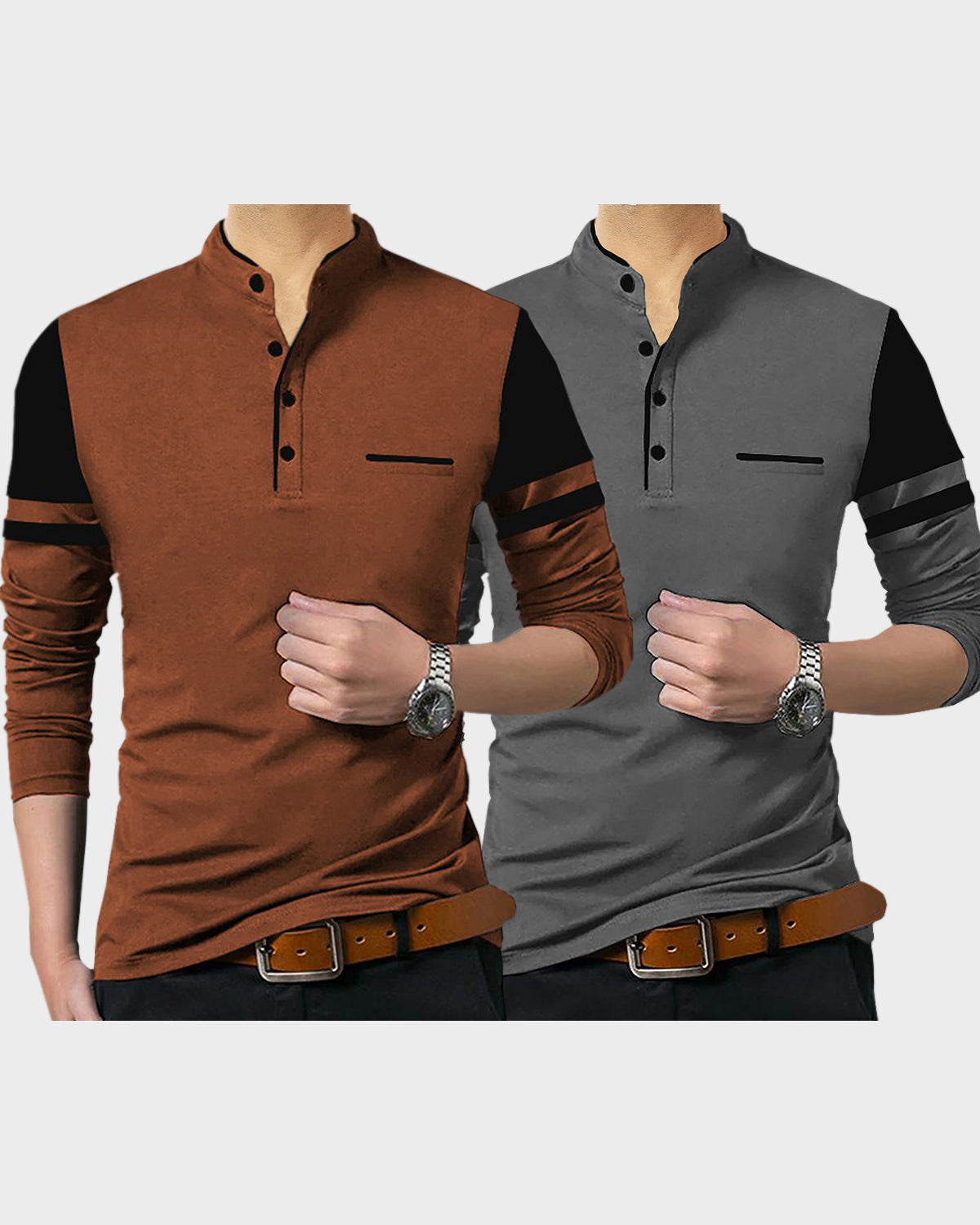 (Pack of 2) Men Henley T-shirts Combo | Brown | Grey