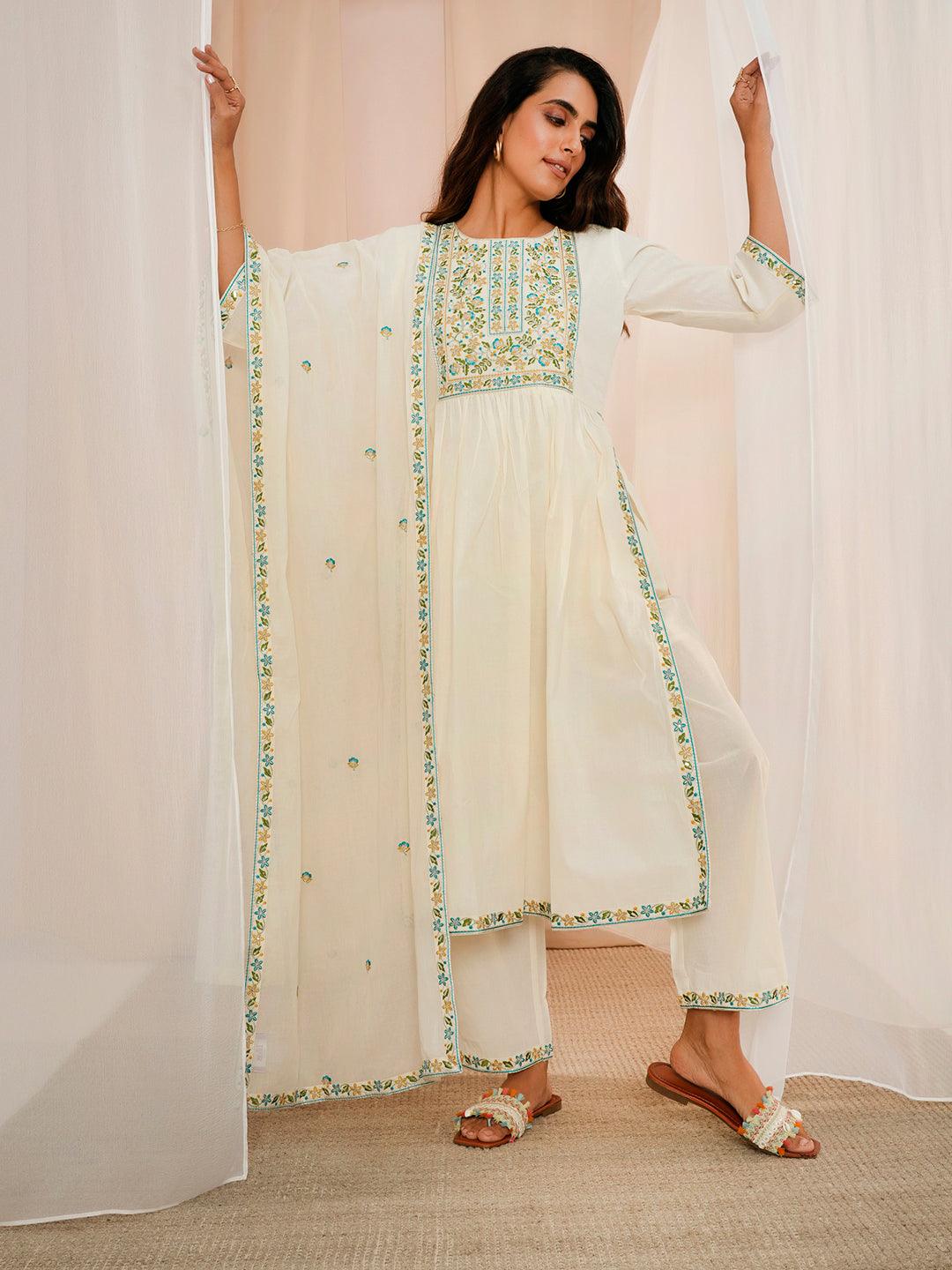 Off White Yoke Design Cotton A-Line Kurta With Palazzos & Dupatta