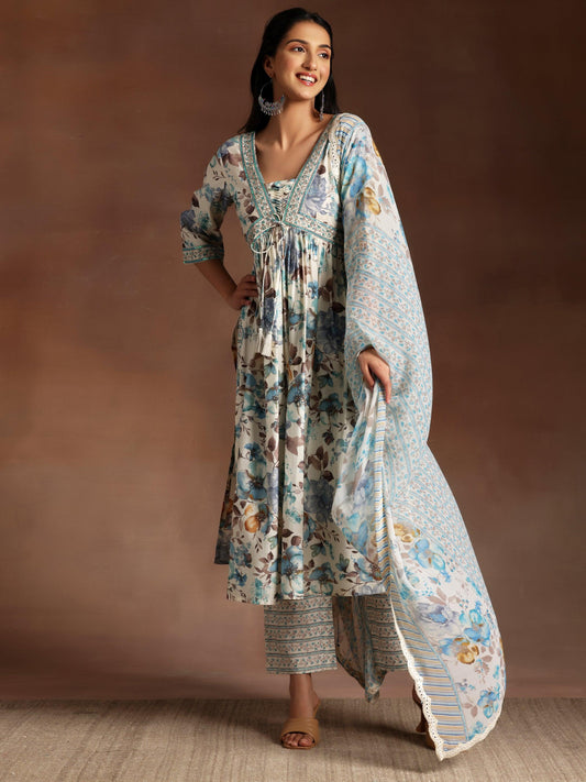 Off white Printed Silk Blend A-Line Kurta With Palazzos & Dupatta