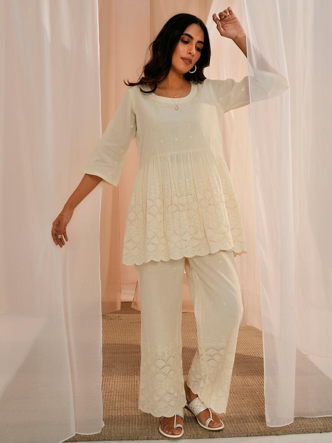 Off White Self Design Cotton Tunic With Palazzos