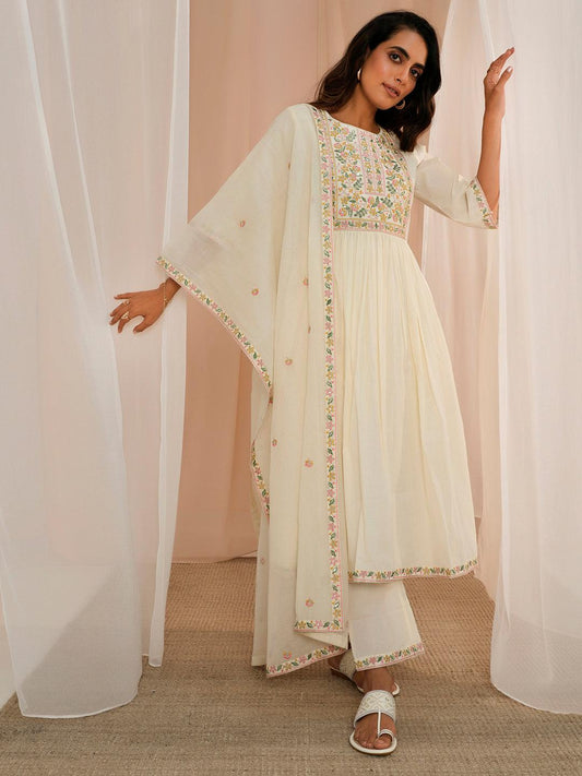 Off White Yoke Design Cotton A-Line Kurta With Palazzos & Dupatta