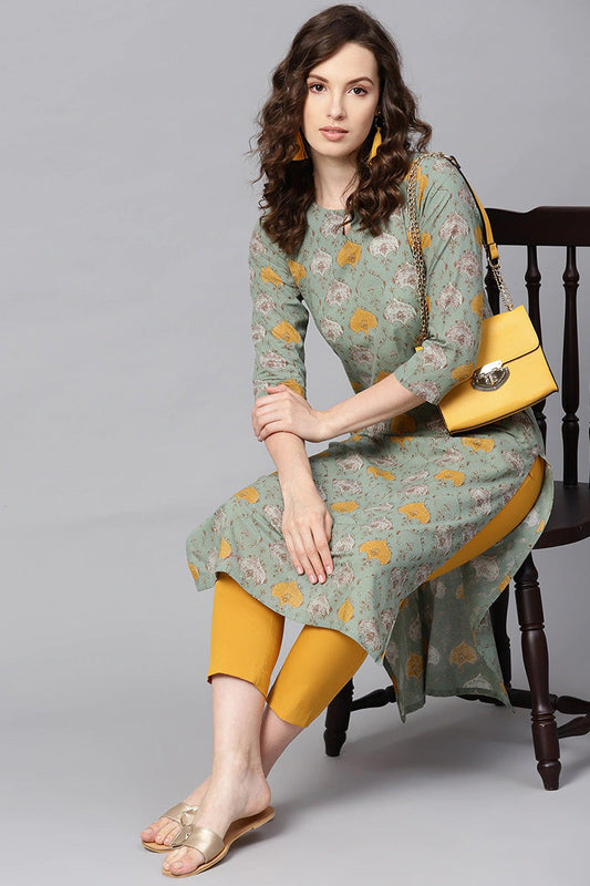 Green & Mustard Yellow Rayon Blend Printed Straight Kurta VCK1253