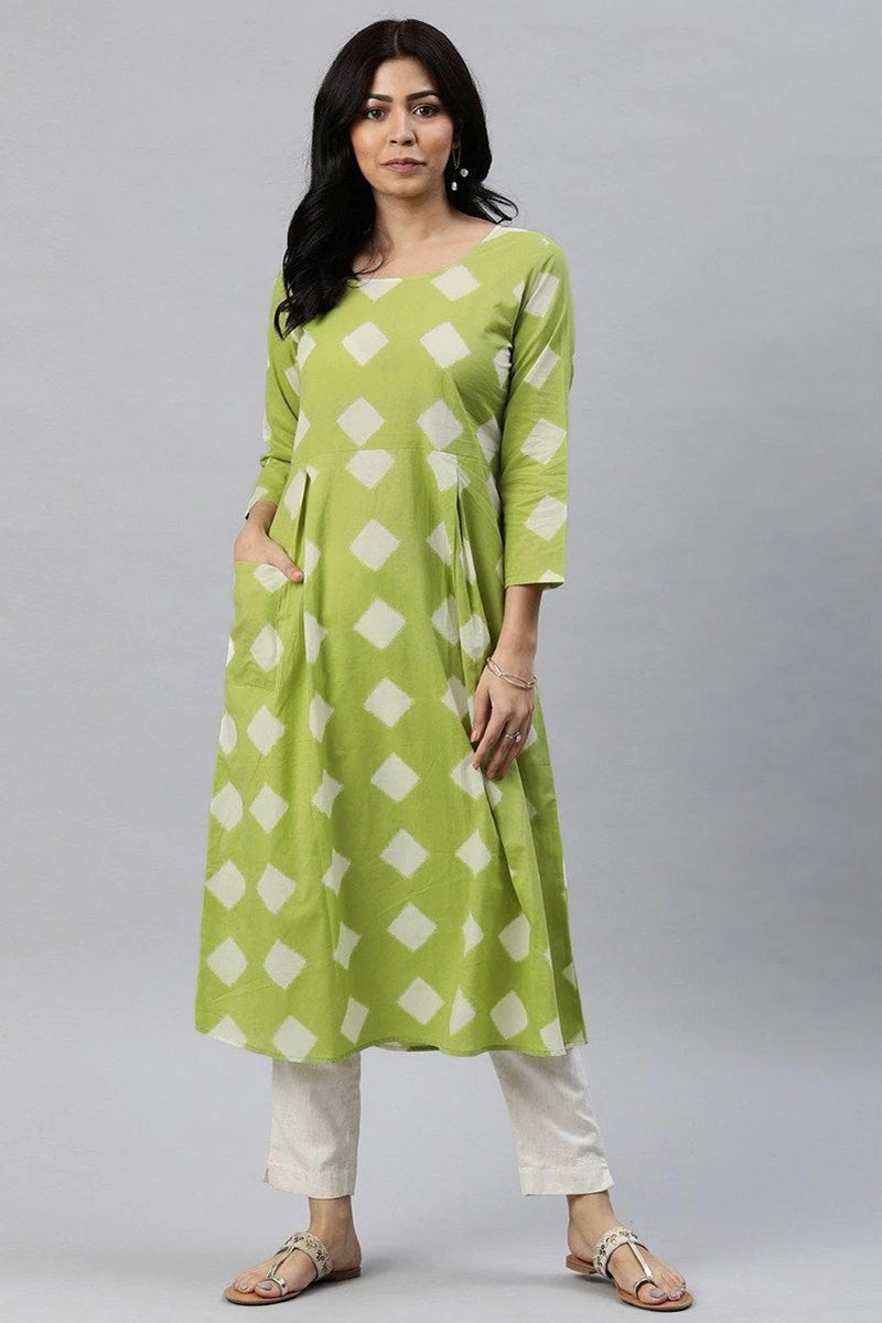 Green And White Cotton Printed A Line Kurta VCK1763E