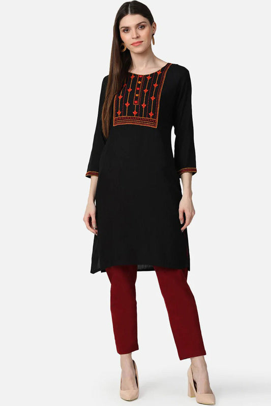 Black Orange Cotton Yoke Design Embroidered Straight Kurta VEKSL1055