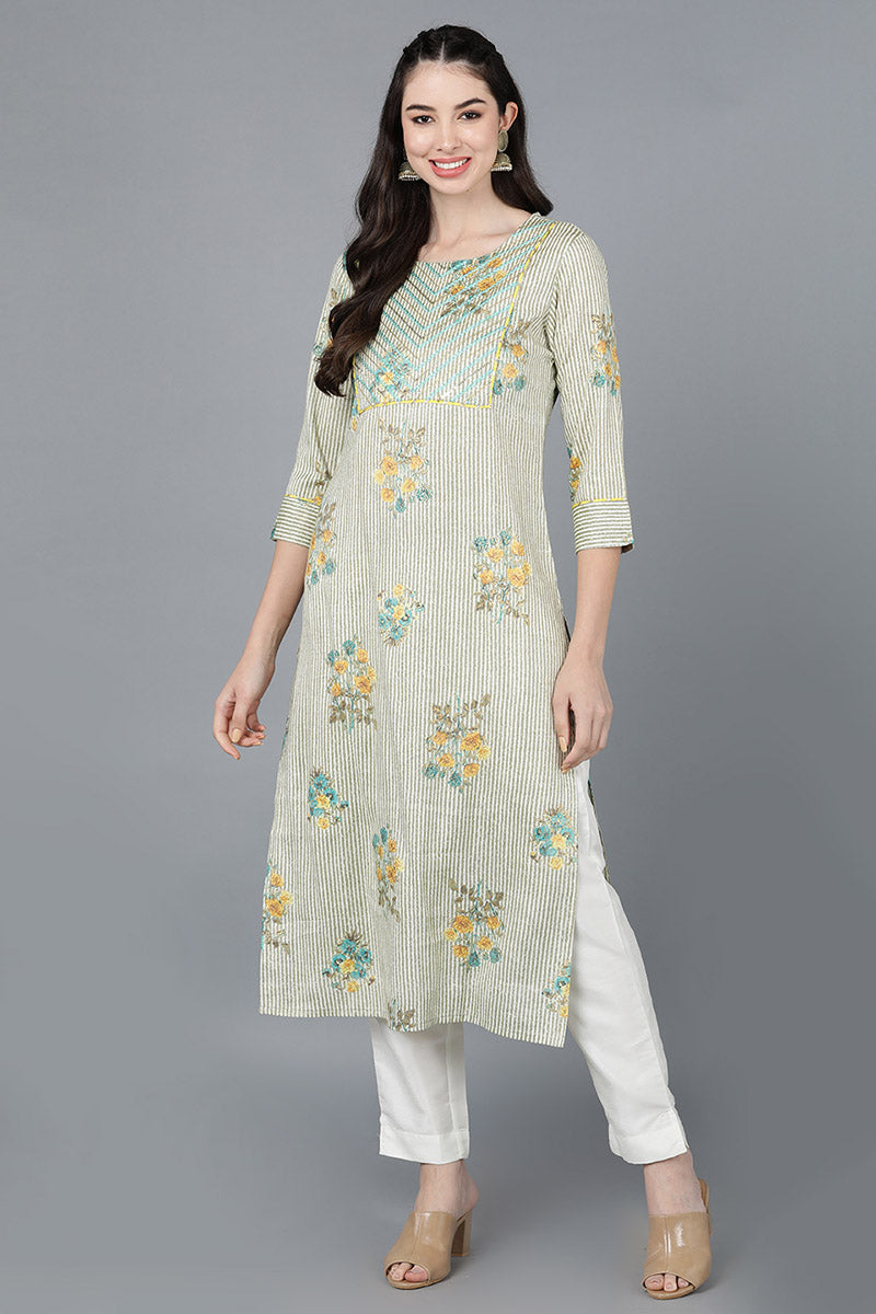 Green Cotton Straight Kurta VCK8575