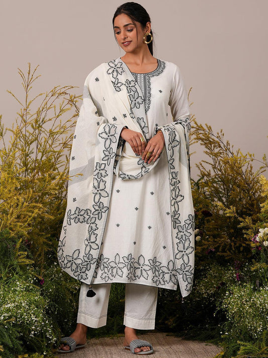 Off White Woven Design Cotton Straight Suit With Dupatta