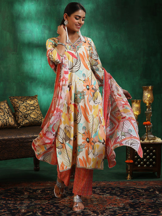 Off White Printed Silk Blend Straight Suit With Dupatta