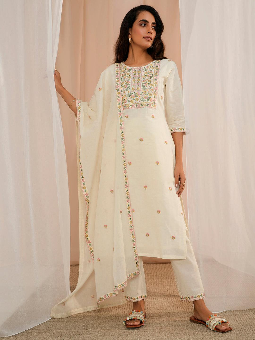 Off White Yoke Design Cotton Straight Suit With Dupatta