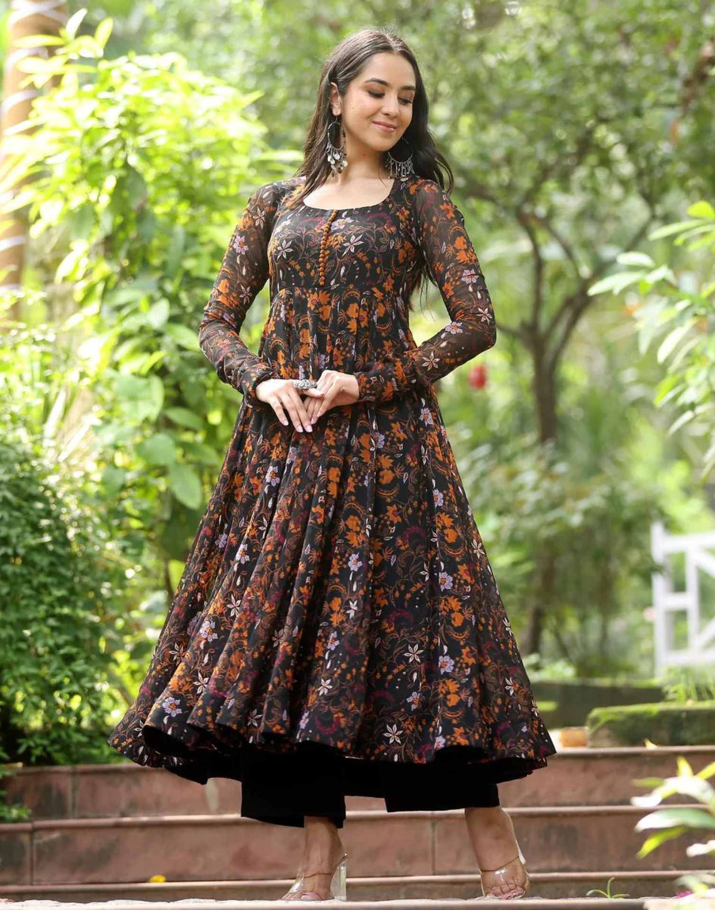 Black Printed Georgette Ethnic Dress