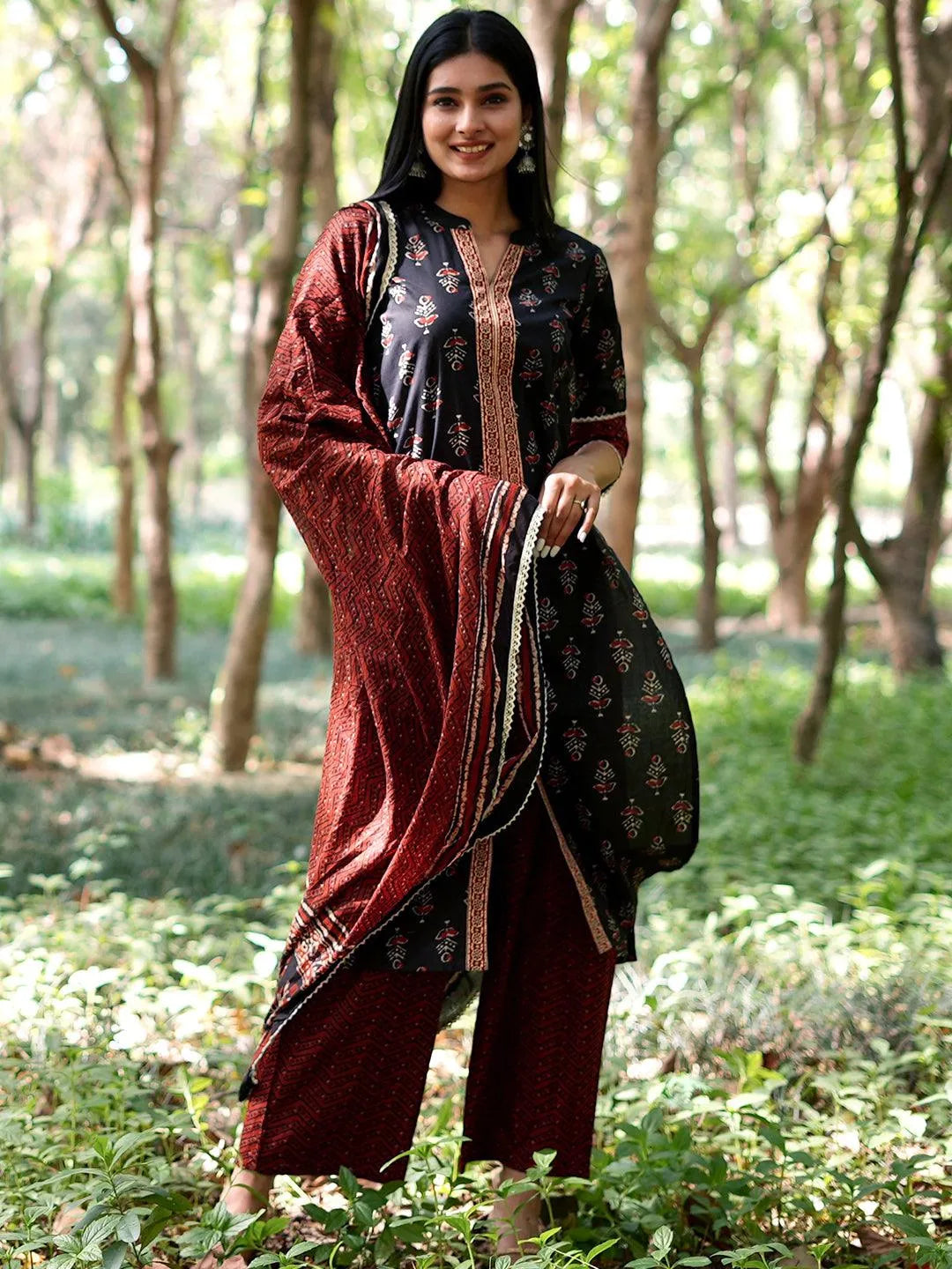 Black Printed Cotton Straight Kurta With Palazzos & Dupatta