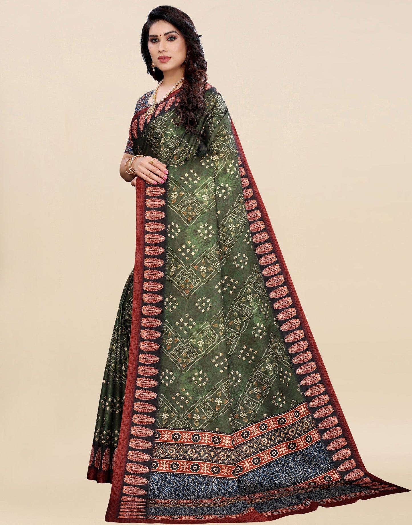 Green Bandhani Printed Saree