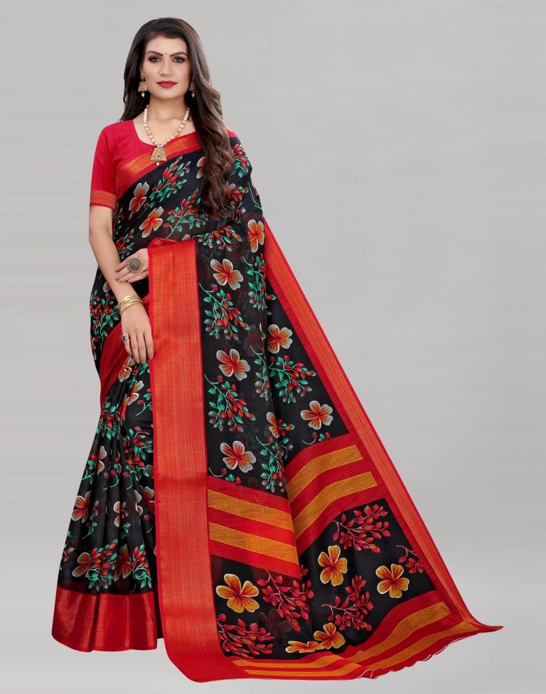 Black Coloured Poly Cotton Floral Printed Casual saree