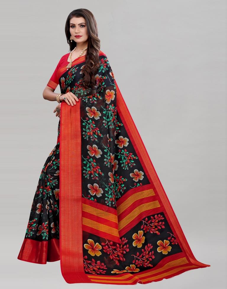 Black Coloured Poly Cotton Floral Printed Casual saree