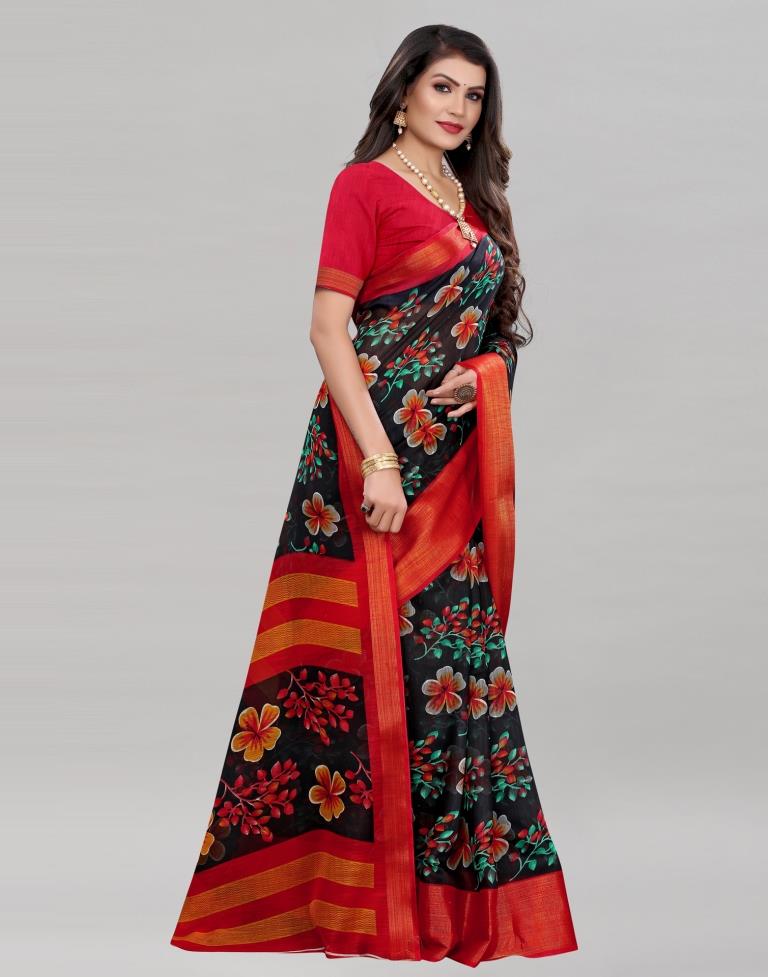 Black Coloured Poly Cotton Floral Printed Casual saree