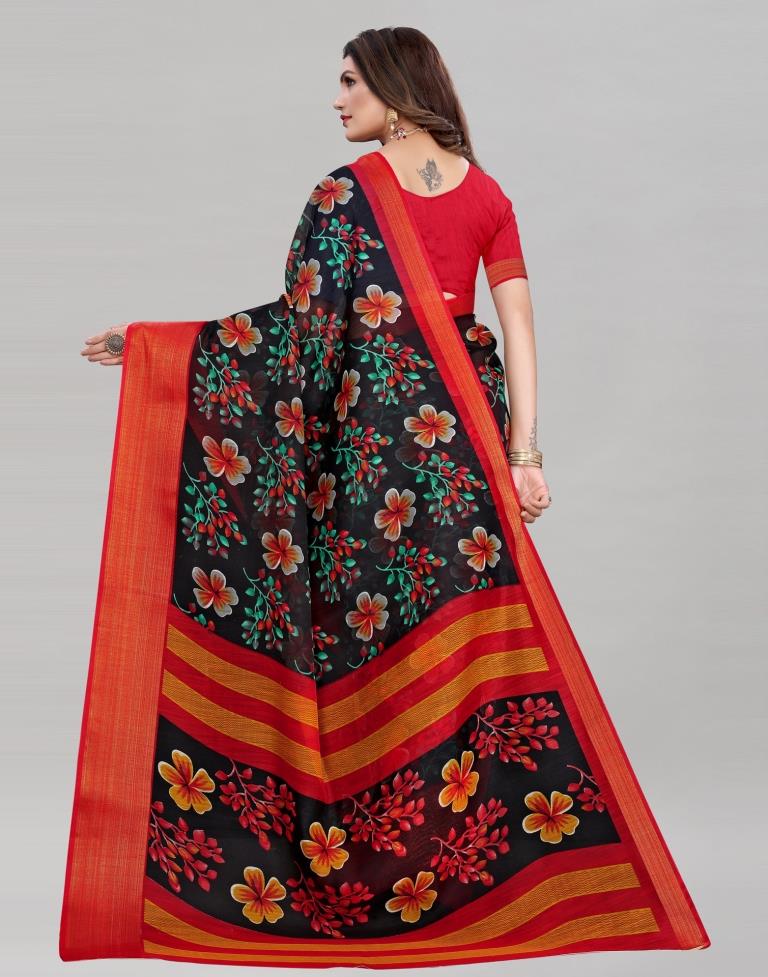 Black Coloured Poly Cotton Floral Printed Casual saree