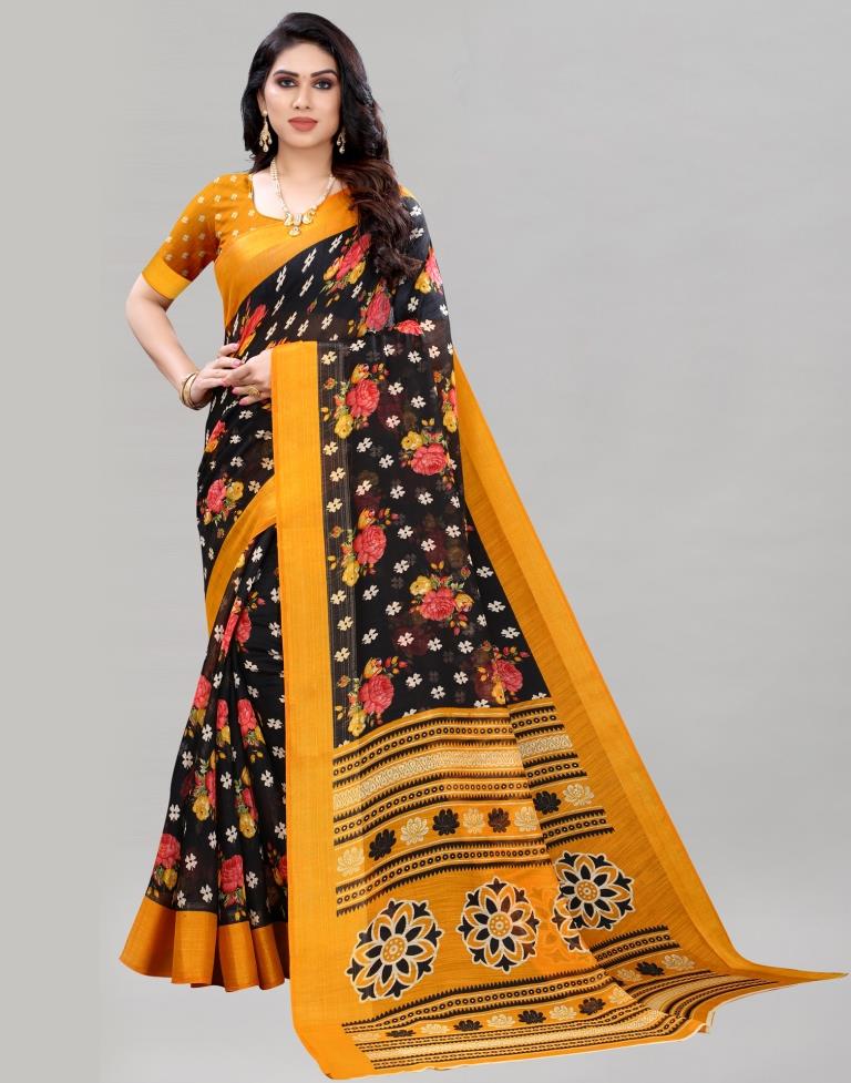 Black Coloured Poly Cotton Floral Printed Casual saree