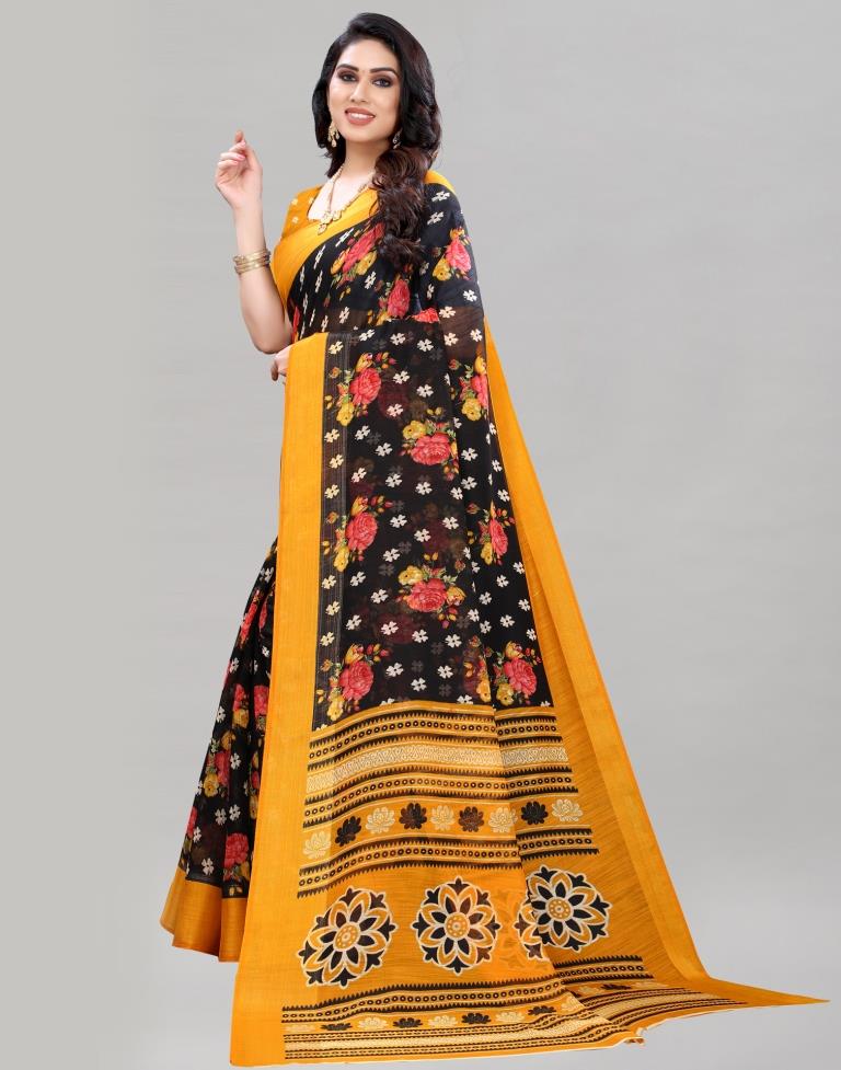 Black Coloured Poly Cotton Floral Printed Casual saree