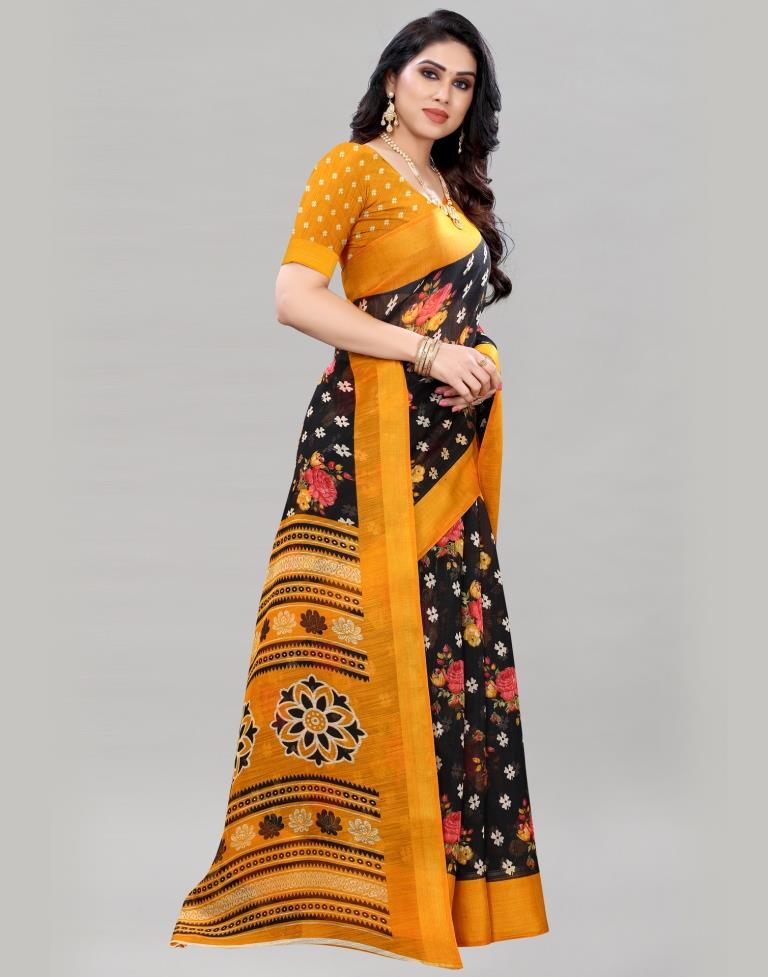 Black Coloured Poly Cotton Floral Printed Casual saree