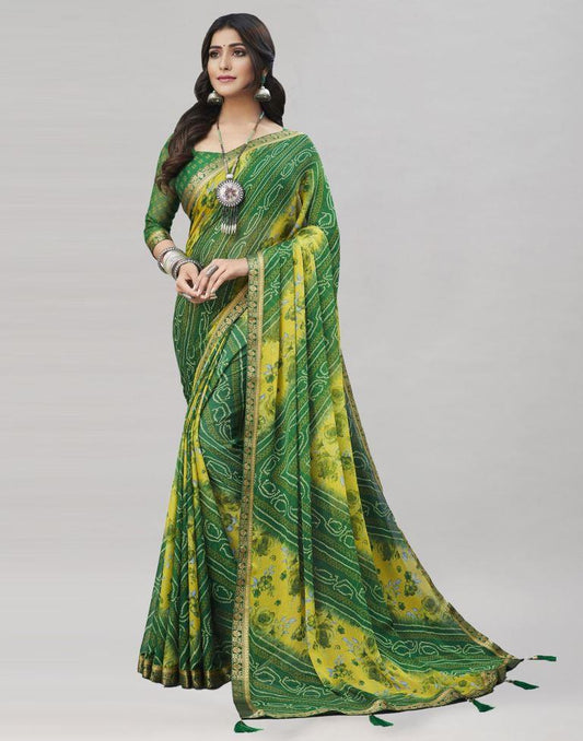 Green Floral Bandhani Printed Chiffon Saree