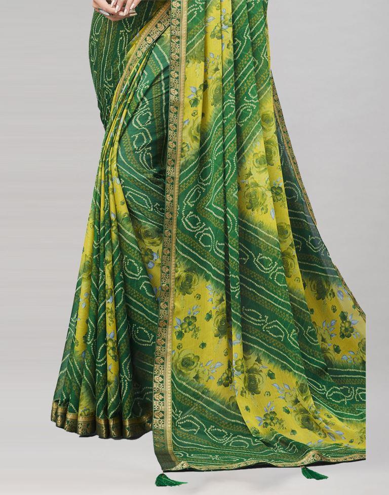 Green Floral Bandhani Printed Chiffon Saree