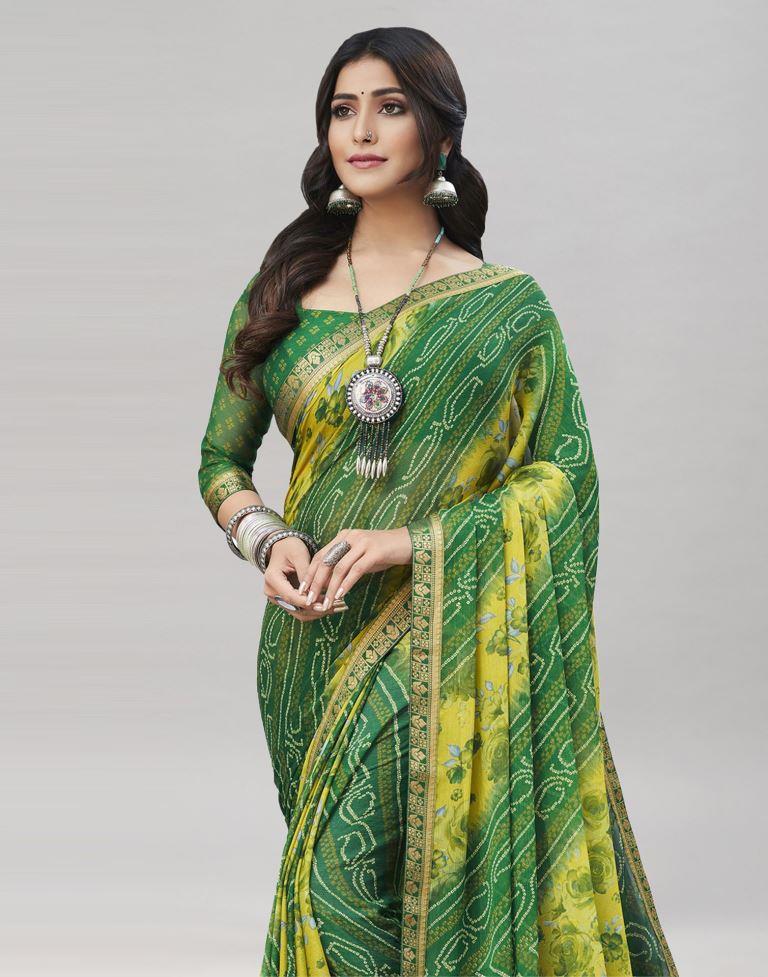 Green Floral Bandhani Printed Chiffon Saree