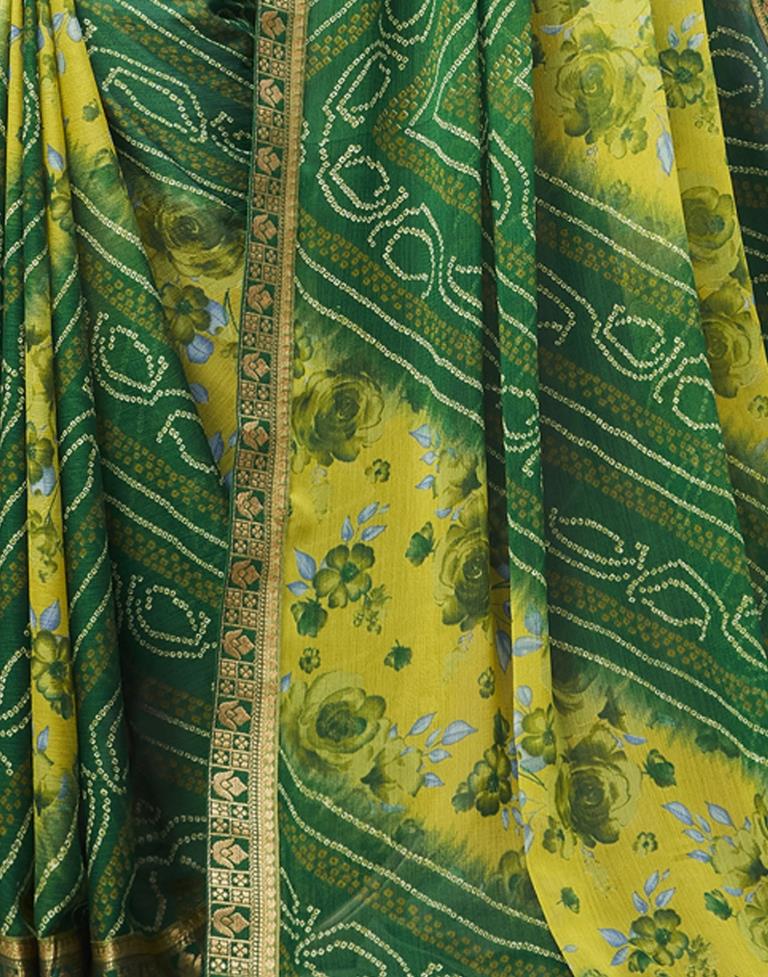 Green Floral Bandhani Printed Chiffon Saree