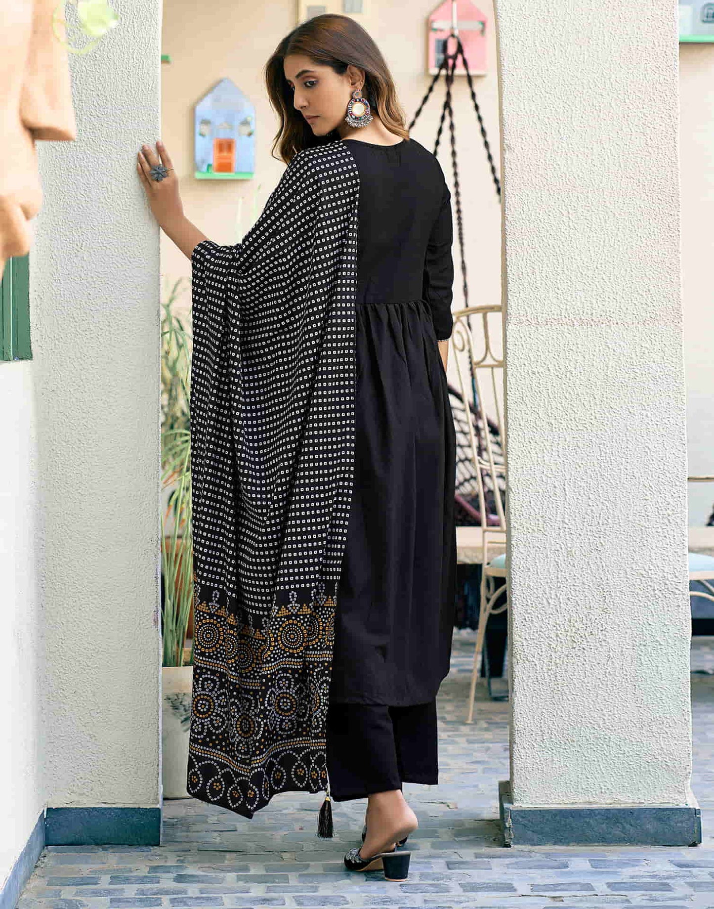 Black Embroidery Cotton Flared Kurta With Pant And Dupatta