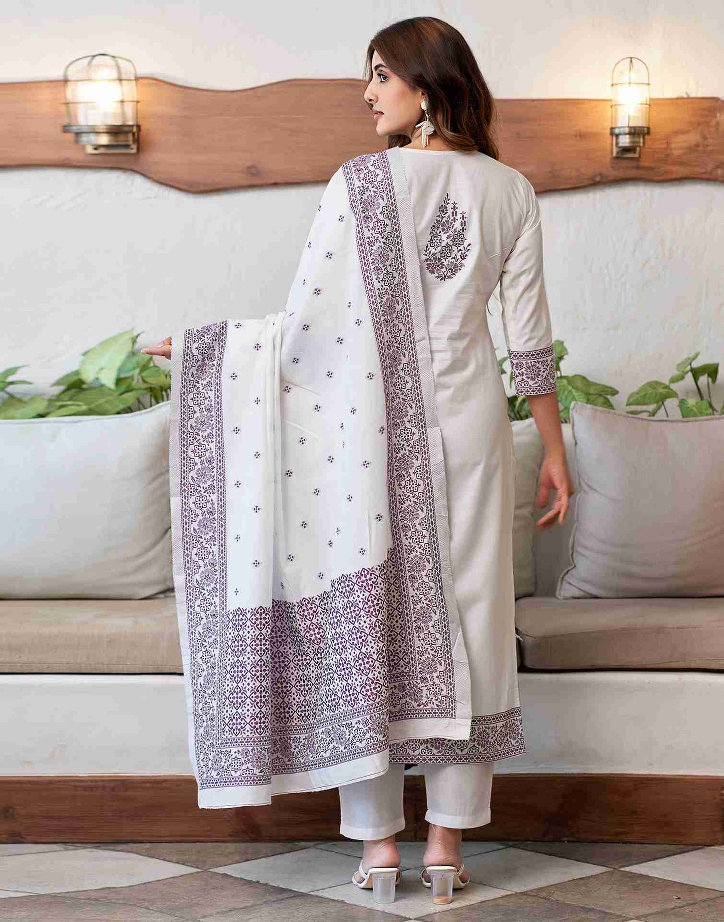 Off White Woven Cotton Straight Kurta Set With Dupatta