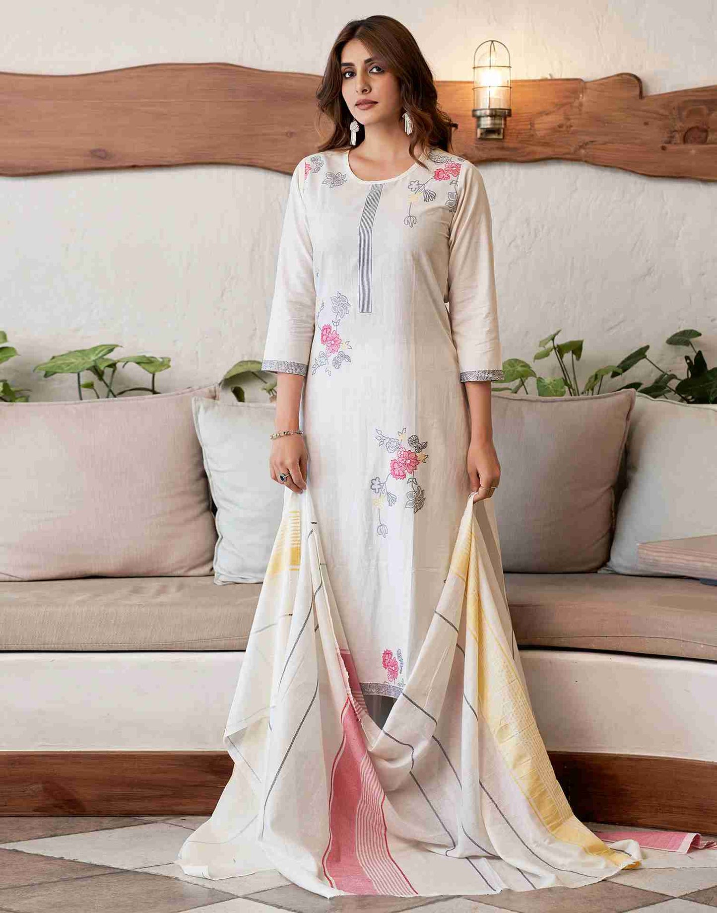 Off White Woven Cotton Straight Kurta Set With Dupatta