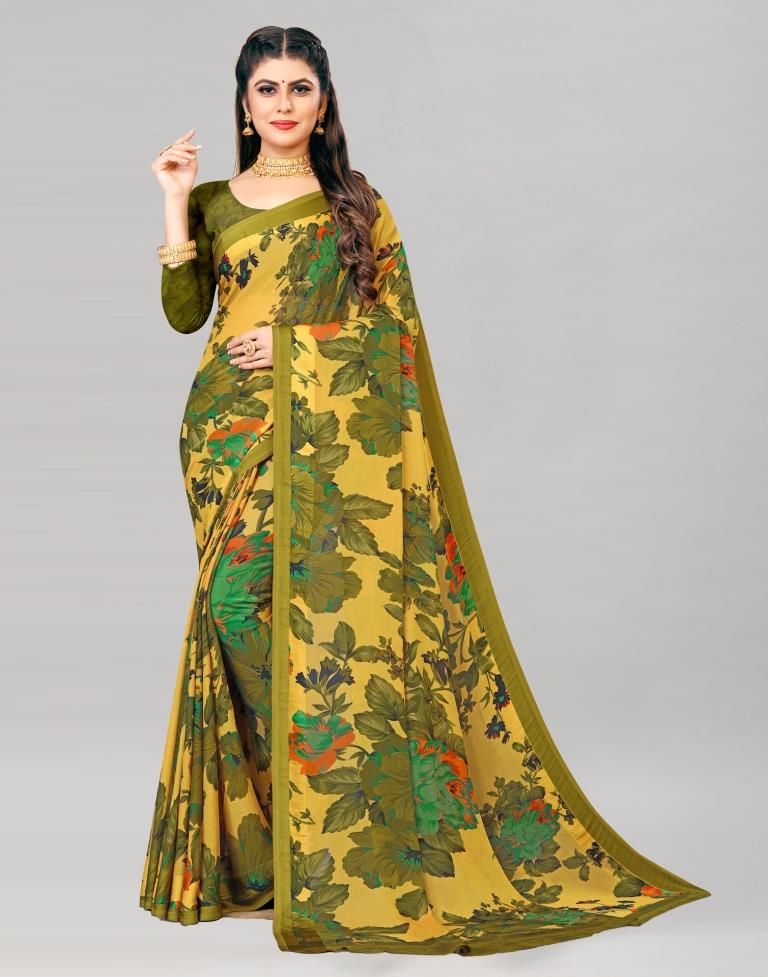 Olive Green Coloured Chiffon Floral Printed Casual Saree