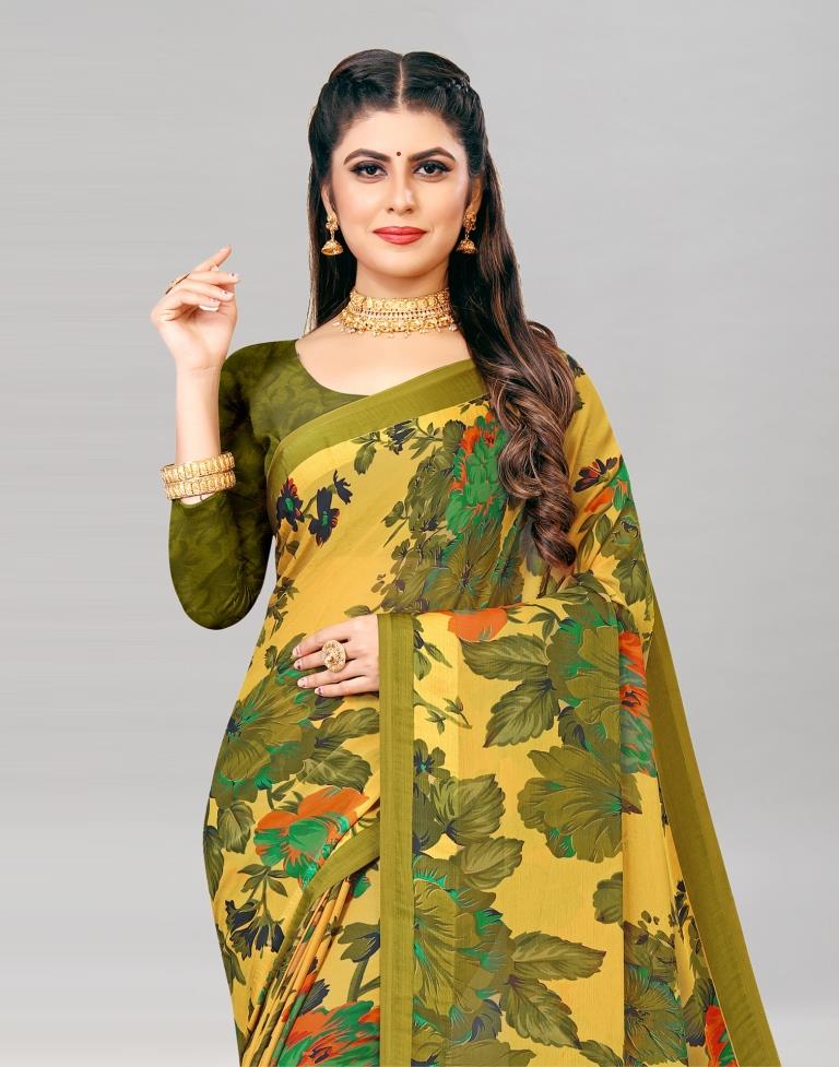 Olive Green Coloured Chiffon Floral Printed Casual Saree