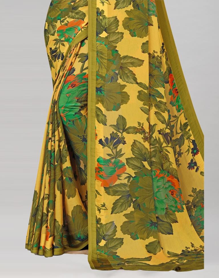 Olive Green Coloured Chiffon Floral Printed Casual Saree