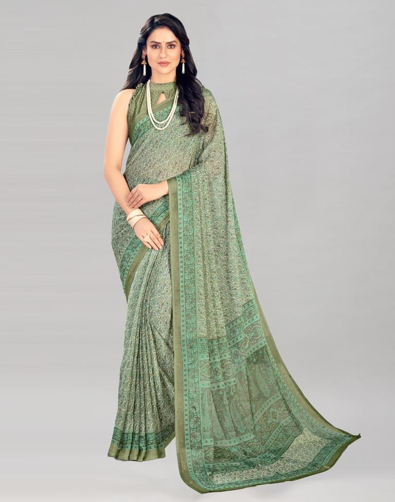 Olive Green Coloured Chiffon Floral Printed Casual saree