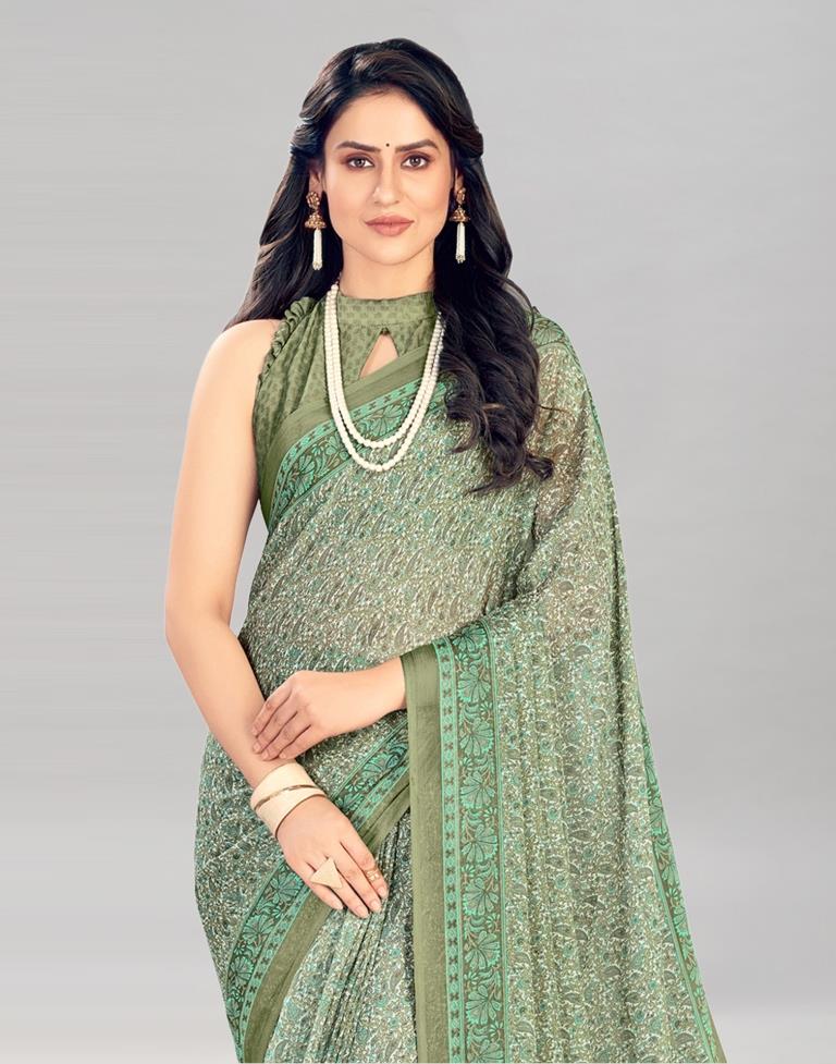 Olive Green Coloured Chiffon Floral Printed Casual saree