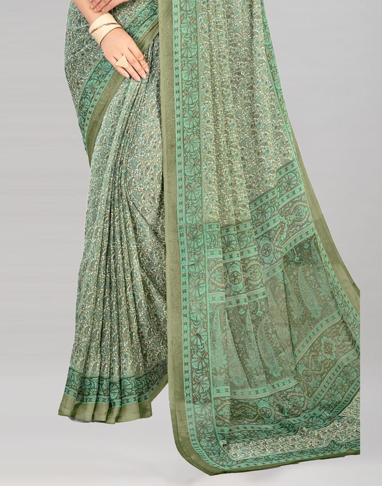 Olive Green Coloured Chiffon Floral Printed Casual saree