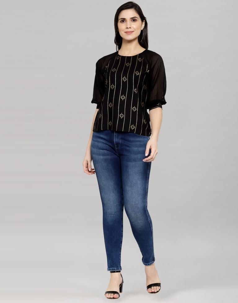 Black Coloured Rayon- Georgette Foil Printed Top