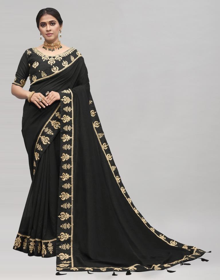 Black Coloured Poly Silk Embroidered Partywear Saree