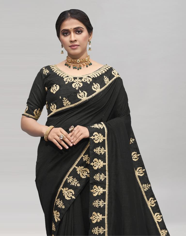 Black Coloured Poly Silk Embroidered Partywear Saree