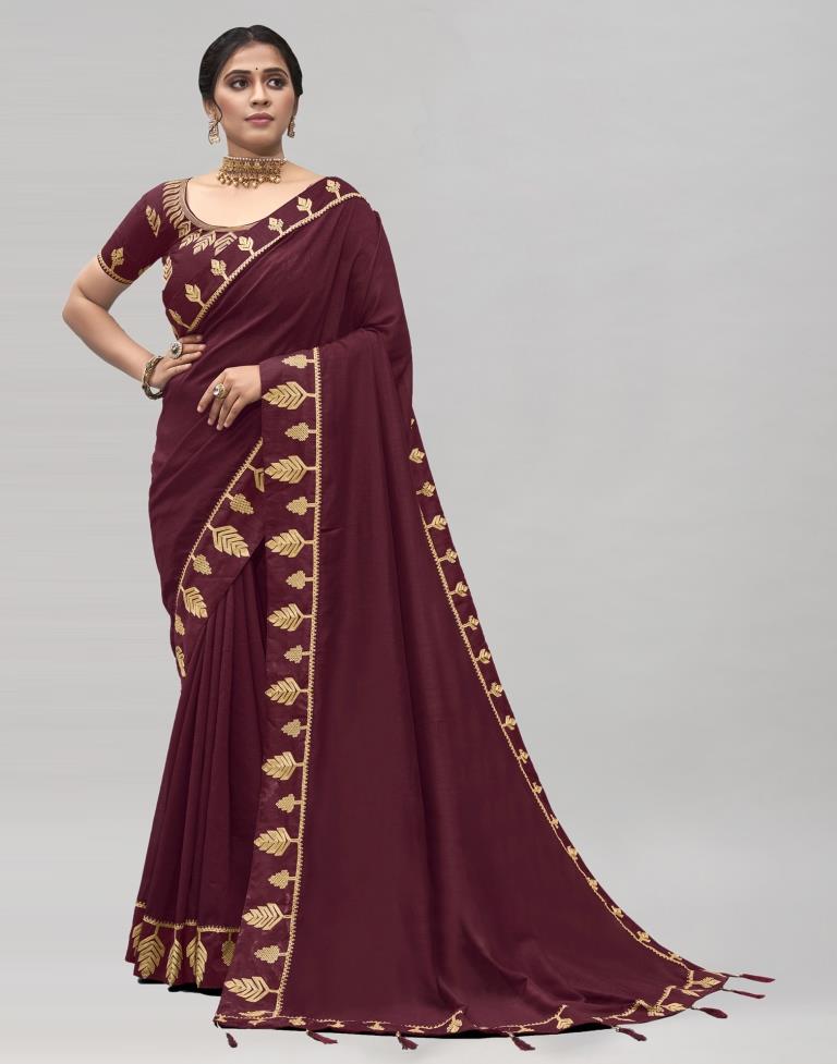 Beet Red Coloured Poly Silk Embroidered Partywear Saree